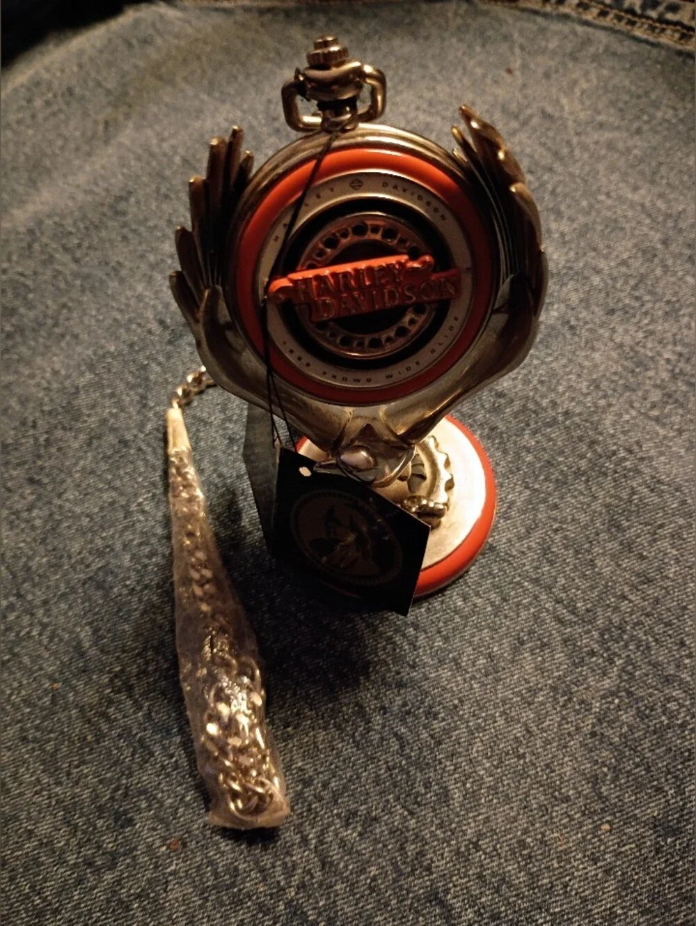 Harley-Davidson Orange and Silver Pocket Watch with Chain And Eagle Stand